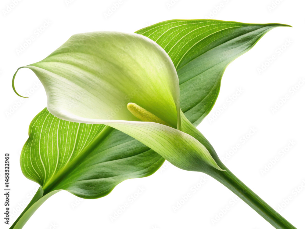 Fototapeta premium Stunning calla lily flower showcases its elegant curves and vibrant green leaves, embodying natural beauty and grace
