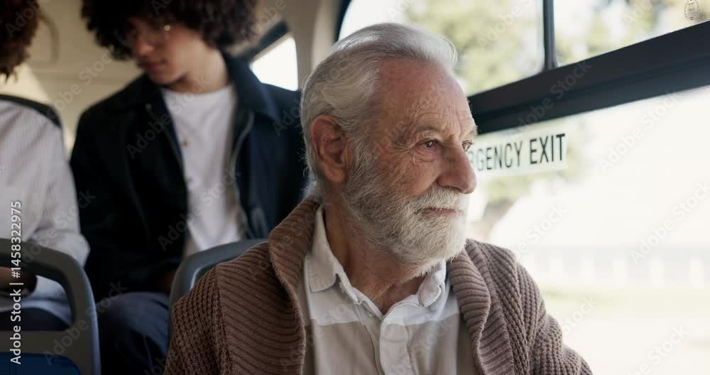 Thinking, window and travel with old man on bus for reflection retirement and journey. Public transportation, memory and vision with person on vehicle for morning drive, metro and tram services
