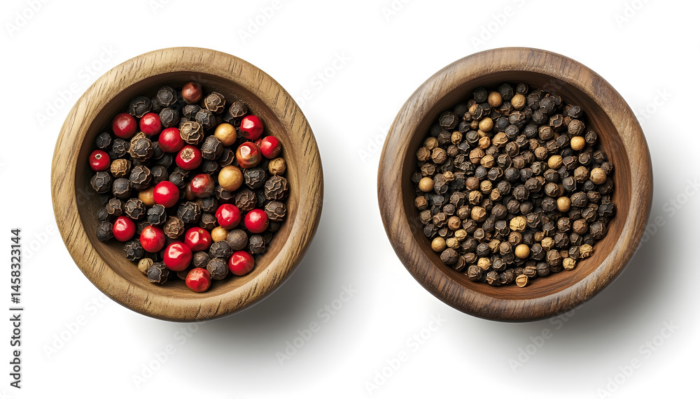 Peppercorn and milled pepper in wooden bowl isolated on white, top view
