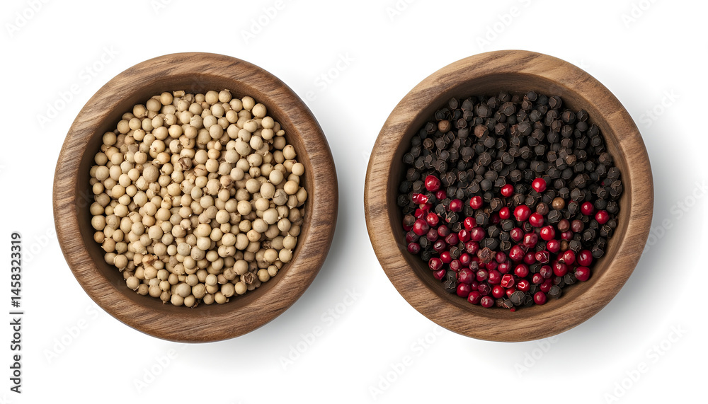 Peppercorn and milled pepper in wooden bowl isolated on white, top view
