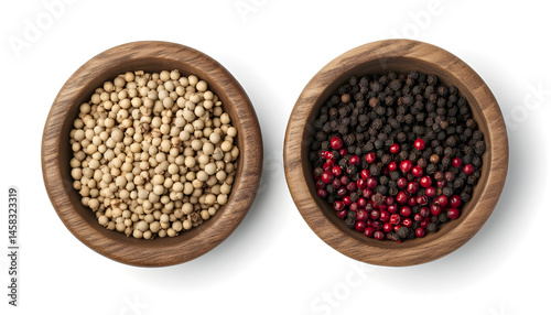 Obraz na płótnie Peppercorn and milled pepper in wooden bowl isolated on white, top view w salonie