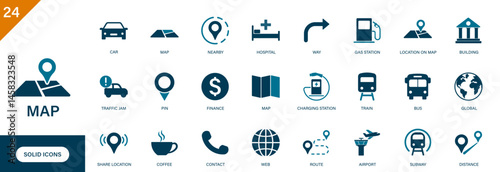 Map icon. Containing location pin, place, building, vehicle, contact, traffic jam. Solid vector icon set.