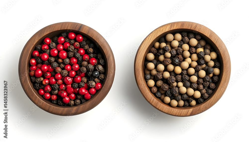 Peppercorn and milled pepper in wooden bowl isolated on white, top view