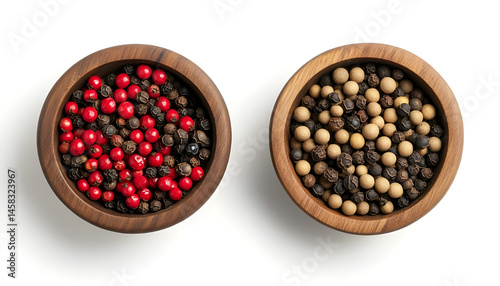 Obraz na płótnie Peppercorn and milled pepper in wooden bowl isolated on white, top view w salonie
