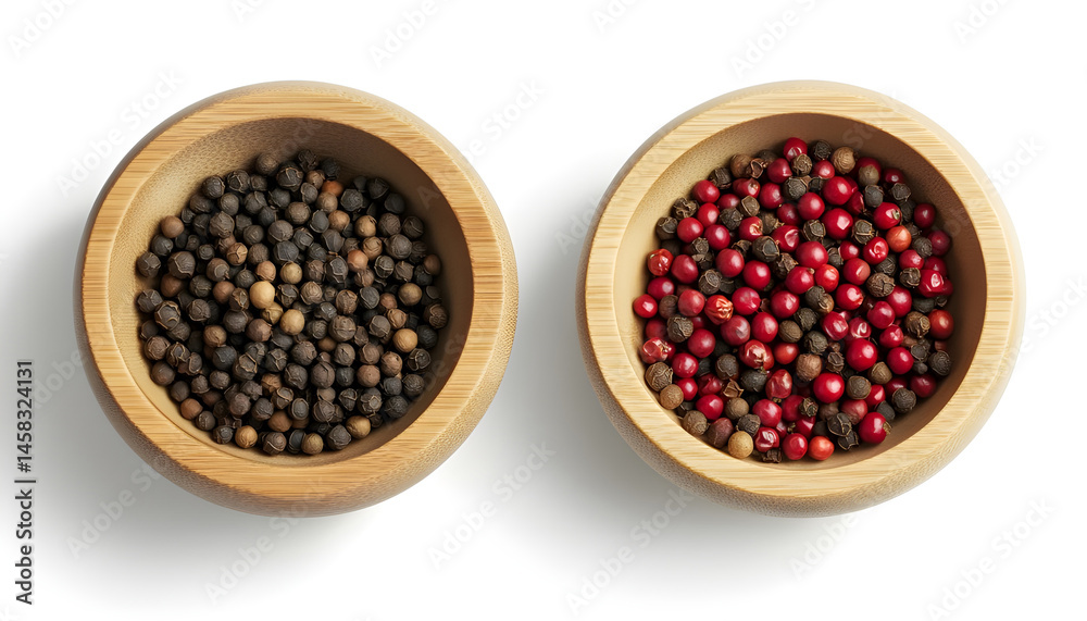 Peppercorn and milled pepper in wooden bowl isolated on white, top view
