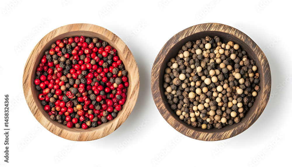 Peppercorn and milled pepper in wooden bowl isolated on white, top view