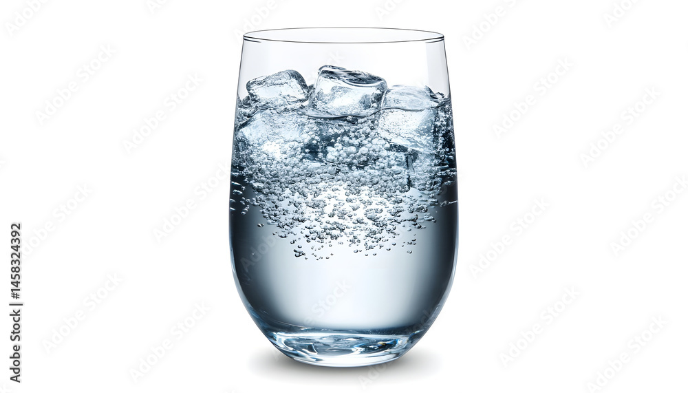 Sweet carbonated water with ice cubes in glass isolated on white