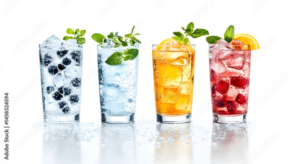 Sweet carbonated water with ice cubes in glass isolated on white