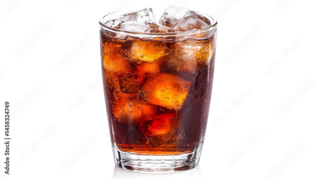 Sweet carbonated water with ice cubes in glass isolated on white