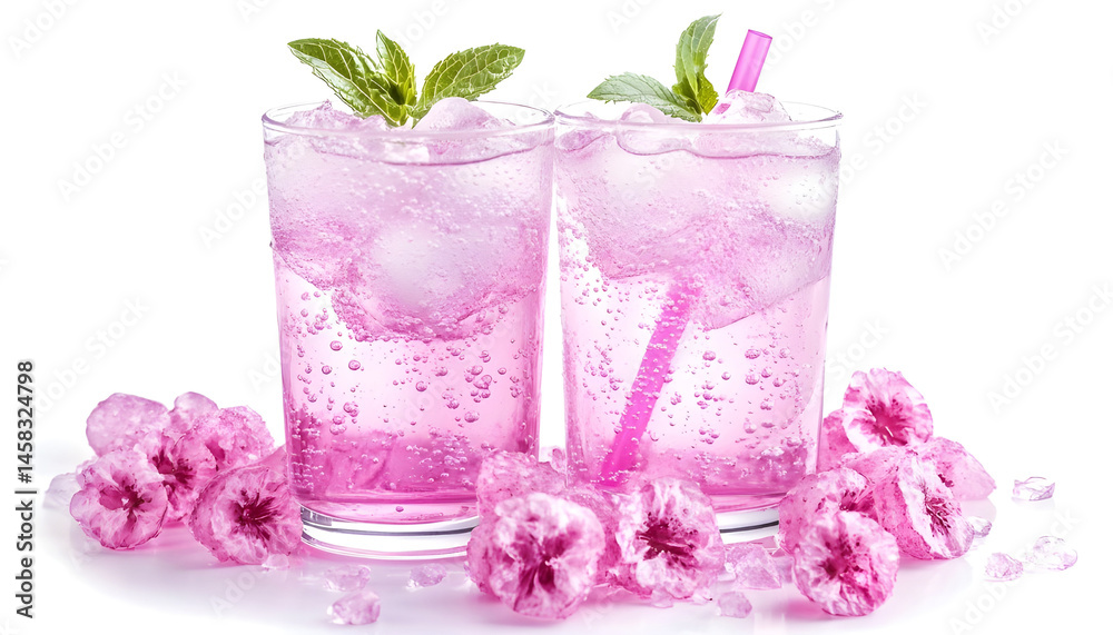 Sweet carbonated water with ice cubes in glass isolated on white
