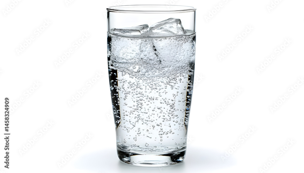 Sweet carbonated water with ice cubes in glass isolated on white