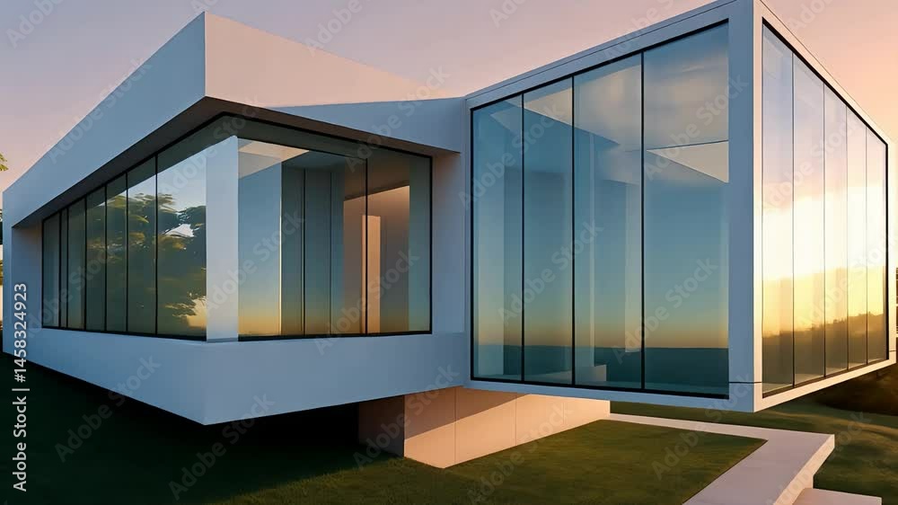 Modern glass-walled house with minimalist angular design on grassy slope, illuminated by warm sunset light reflecting on floor-to-ceiling windows

