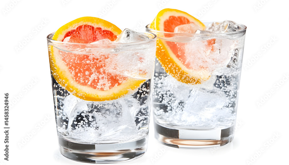 Sweet carbonated water with ice cubes in glass isolated on white