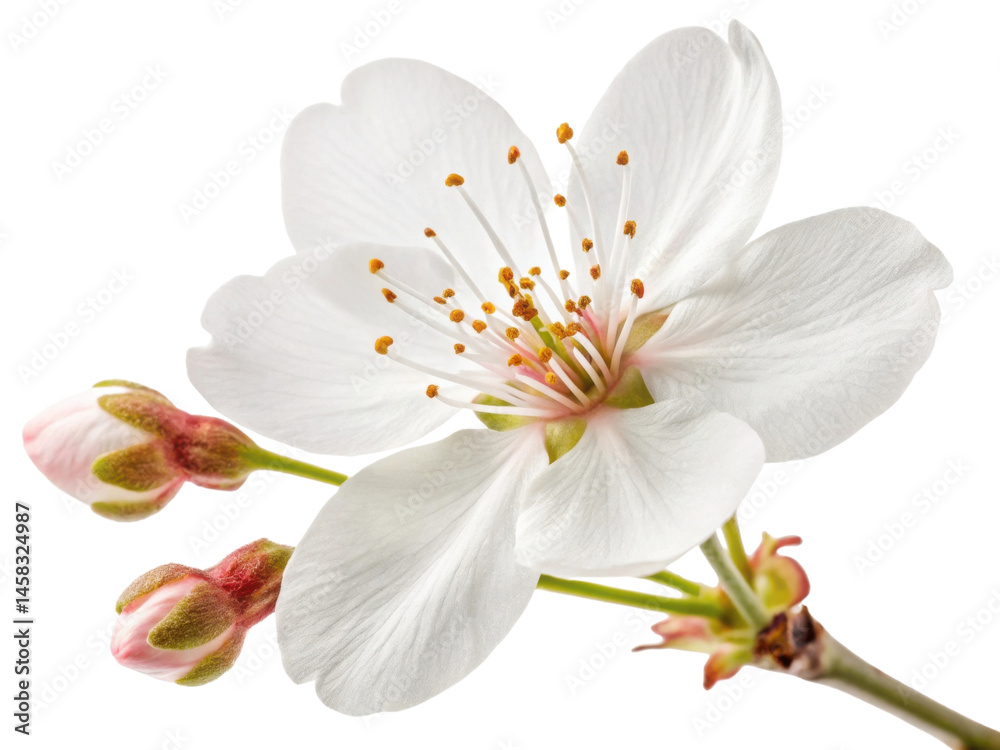 Obraz premium Delicate cherry blossom flower showcases its pristine white petals and vibrant yellow stamens, symbolizing beauty and renewal