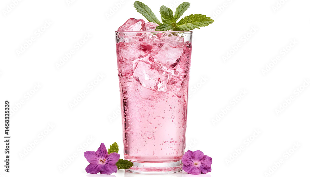 Sweet carbonated water with ice cubes in glass isolated on white