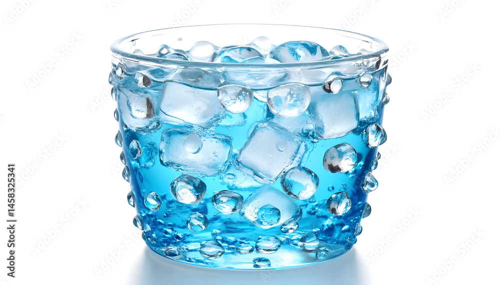 Sweet carbonated water with ice cubes in glass isolated on white