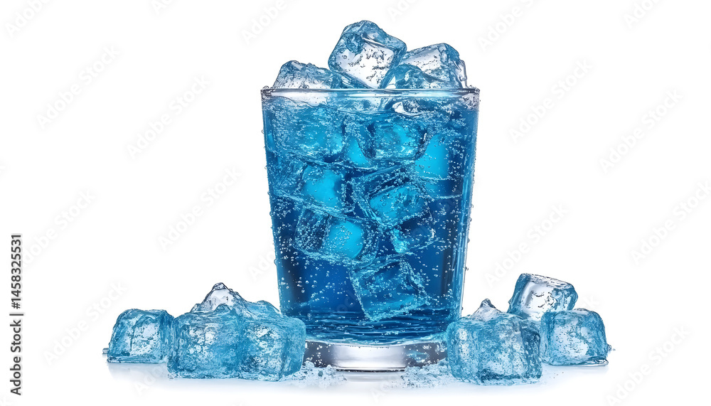 Sweet carbonated water with ice cubes in glass isolated on white