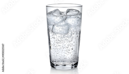 Sweet carbonated water with ice cubes in glass isolated on white