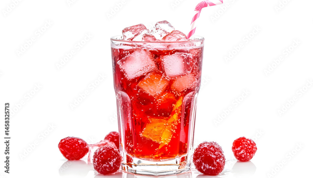 Sweet carbonated water with ice cubes in glass isolated on white