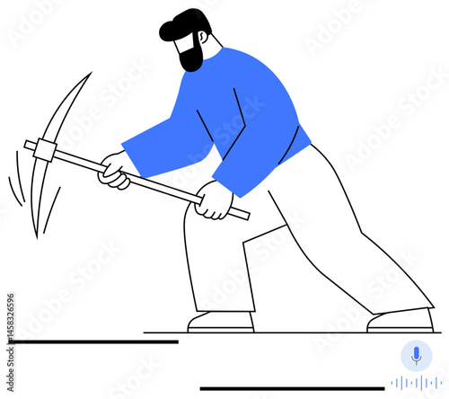 Person holding a pickaxe striking the ground. Ideal for themes of hard work, mining, construction, labor, determination, effort, physical activity. Clean flat simple metaphor
