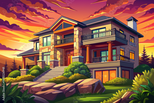 luxury home exterior featuring a spacious balcony, manicured green lawn, and warm sunset lighting. Ideal for real estate, architecture design, dream homes, and residential lifestyle vector