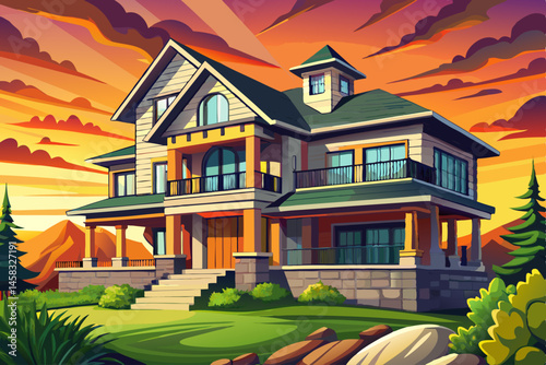 luxury home exterior featuring a spacious balcony, manicured green lawn, and warm sunset lighting. Ideal for real estate, architecture design, dream homes, and residential lifestyle vector