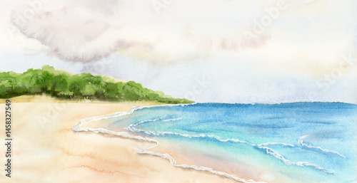 Tropical sea beach with cloudy sky watercolor illustration isolated on white. Calm ocean coast with sand horizontal clip art for Florida summer vacation designs with green trees nature and seascape