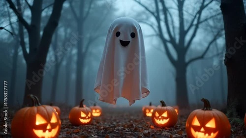Happy little ghost floating in mystery halloween forest. Slow zoom in with happy ghost moving up and down