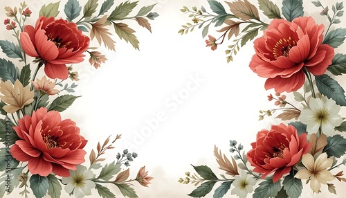 Wallpaper Mural Floral Frame with Red Peonies and Watercolor Leaves Torontodigital.ca