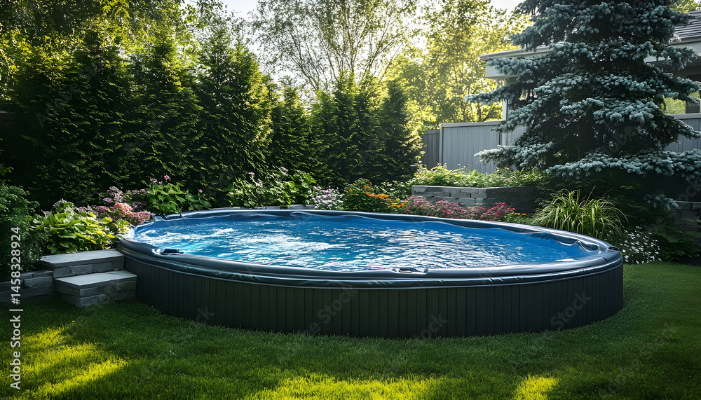 Above ground swimming pool on grass in backyard