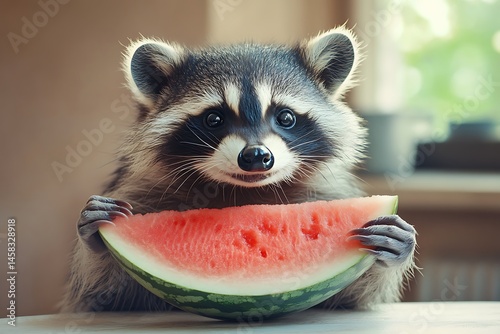 a raccoon eating watermelon