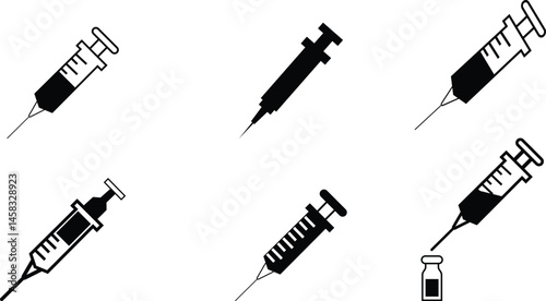 Medical syringe or injection instrument element icon set. Premium Vector template designs elements, isolated on transparent background, used to inject vaccine website design, logo, mobile app design,