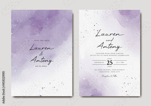 Watercolor wedding invitation of elegant purple abstract