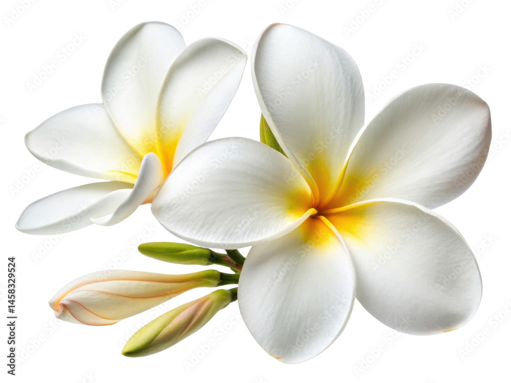 Naklejka premium Plumeria flowers bloom beautifully with delicate petals showcasing soft yellow center, evoking sense of tranquility and elegance