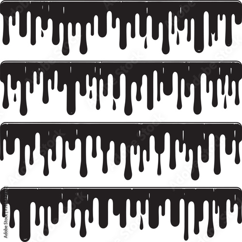 Abstract rendering of black paint drips evenly spaced on a light backdrop, evoking a sense of creativity and contrast. The clear alignment adds artistic structure to the overall composition.