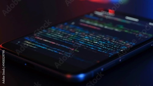 Wallpaper Mural Close-up of a smartphone displaying code on the screen, with colorful lights reflecting in the background Torontodigital.ca