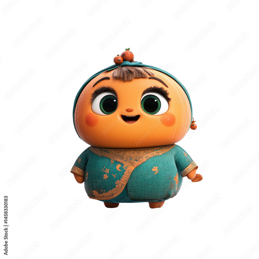 Adorable 3D Render of a Happy Pumpkin Character in Traditional Clothing