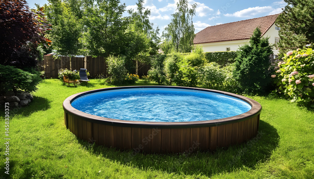 Above ground swimming pool on grass in backyard