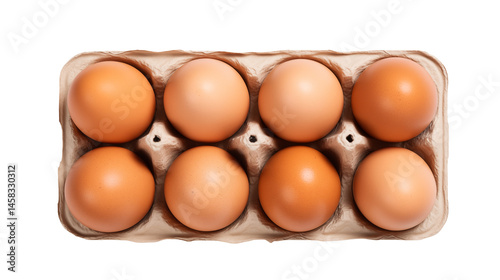 A top down view of eight brown eggs arranged neatly in a cardboard egg carton against a black background