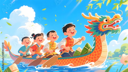 Dragon Boat Festival traditional festival customs dragon boat race waves waves Chinese style illustration