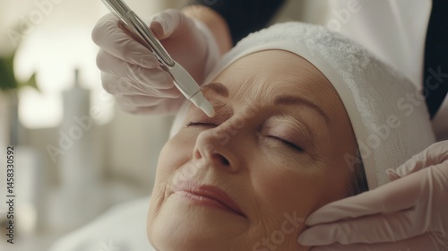 close-up of aesthetician applying anti-aging serum to older womanâ€™s face, elegant spa setting, calm atmosphere, visible skincare tools