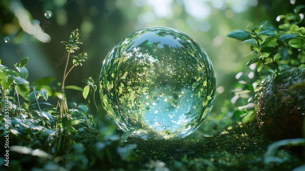 Crystal sphere nestled amidst lush greenery. Crystal sphere nestled amidst lush greenery.