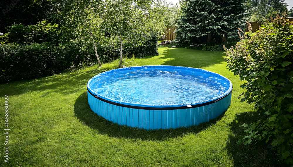 Above ground swimming pool on grass in backyard