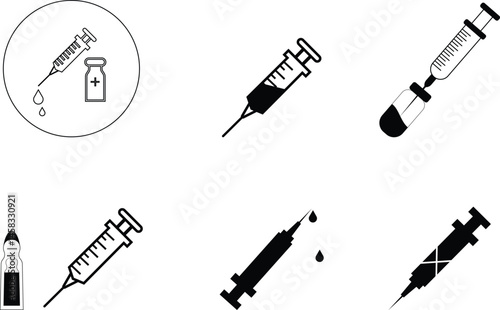 Medical syringe or injection instrument element icon set. Premium Vector template designs elements, isolated on transparent background, used to inject vaccine website design, logo, mobile app design,