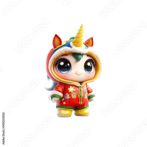Obraz na płótnie Adorable 3D Render of a Unicorn in Traditional Chinese New Year Clothing w salonie