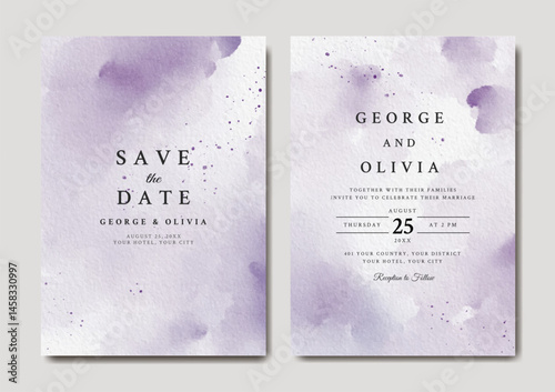 Wedding invitation set of purple abstract watercolor