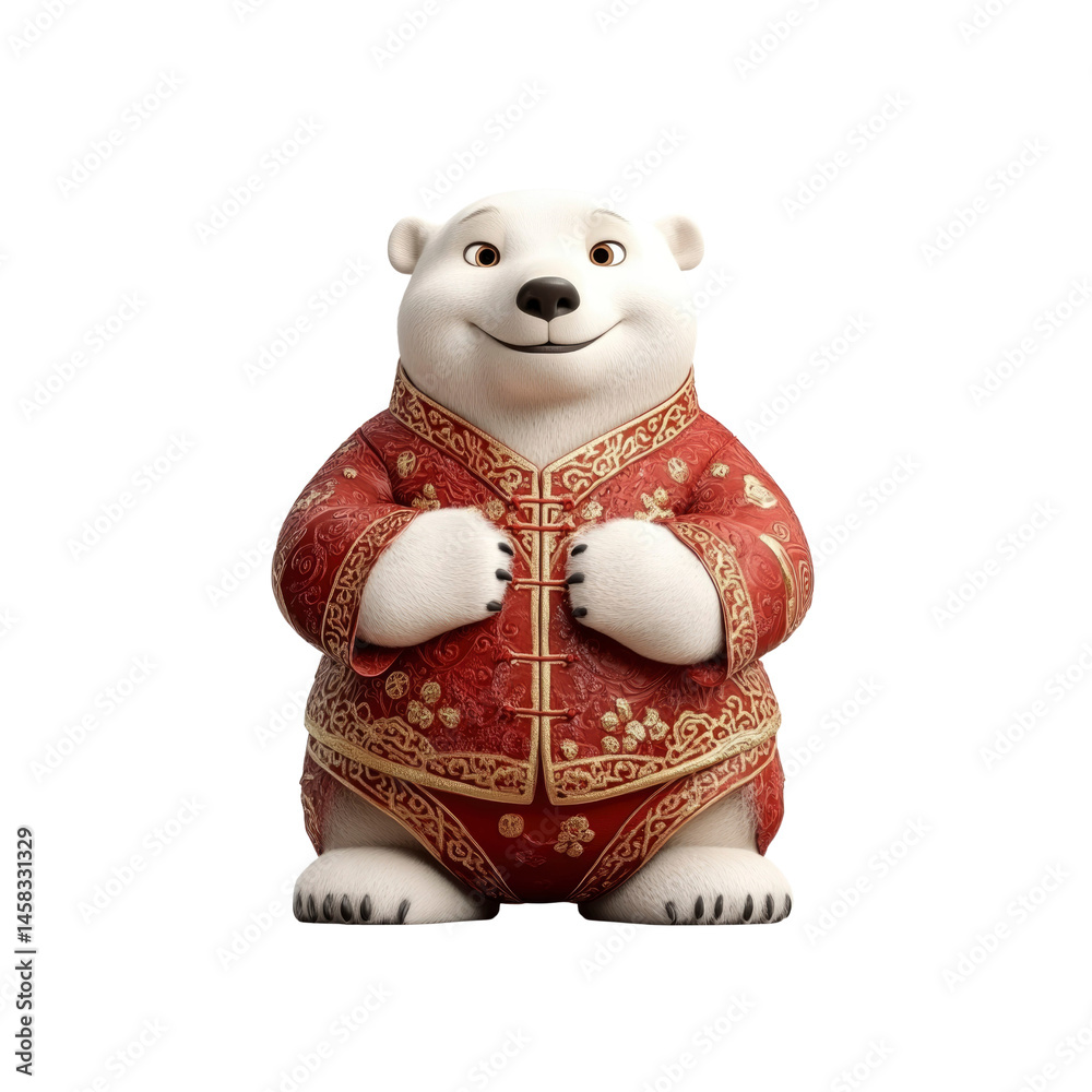 Adorable 3D Render of a Polar Bear in Traditional Chinese Clothing for Lunar New Year