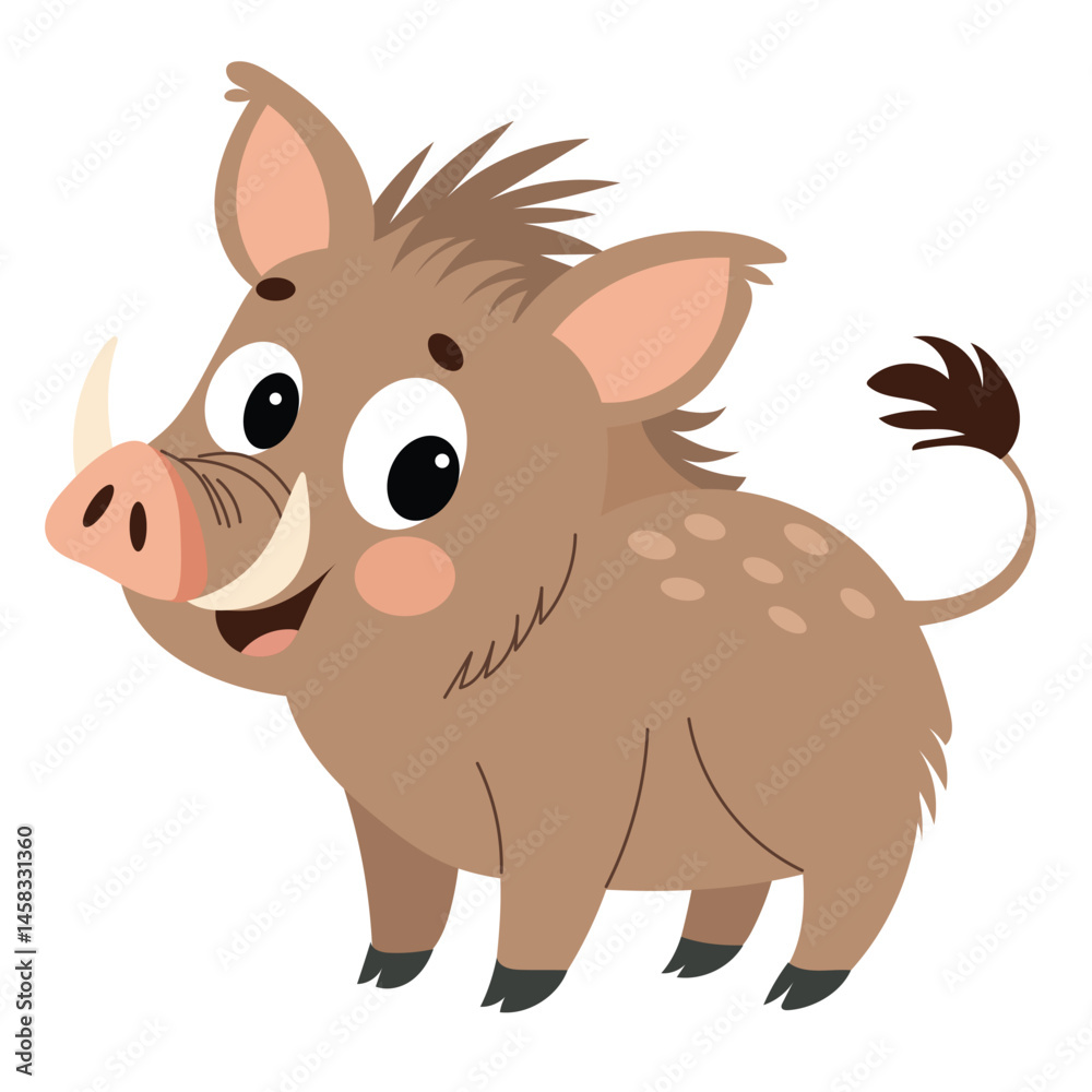 Obraz premium Cute Little Warthog in Flat Style Isolated on White Background. Hand Drawn Vector Art.
