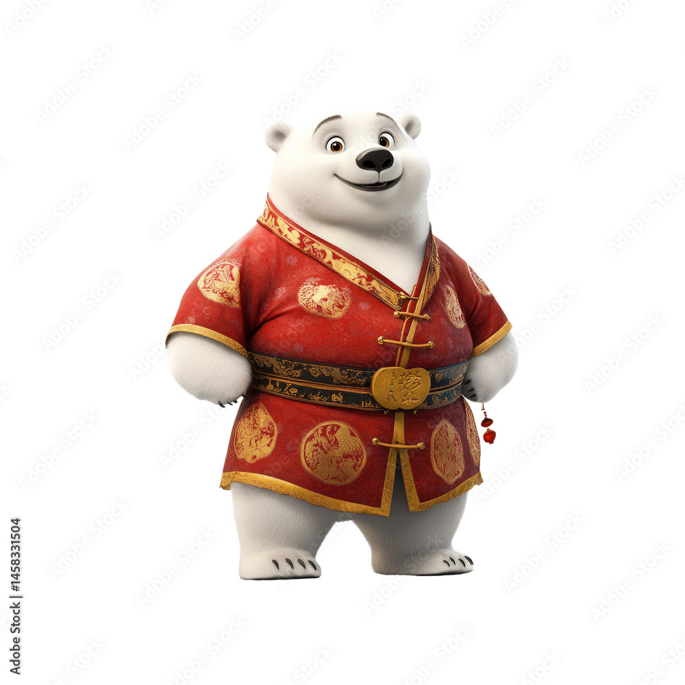 Cheerful Polar Bear in Traditional Chinese Clothing for Lunar New Year