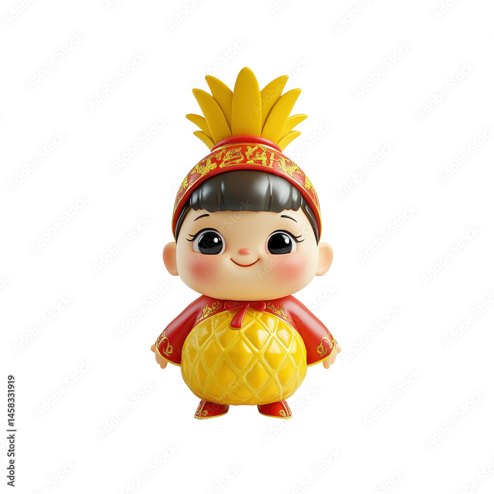 Adorable 3D Render of a Child Dressed as a Pineapple in Traditional Chinese Clothing
